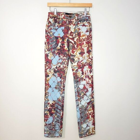 Just Cavalli Size 26 NWT Blue red Print Distressed High Waist Skinny Jeans - Picture 1 of 16